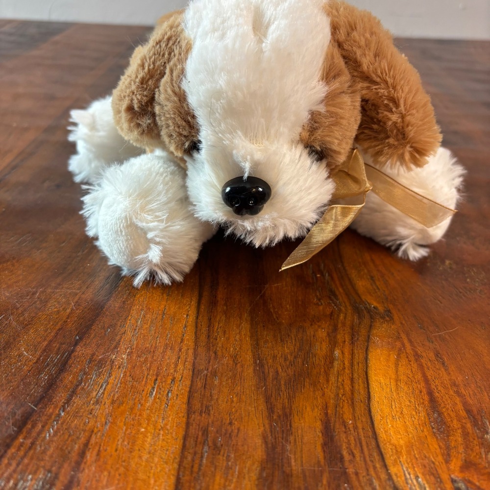 Burton‎ + Burton Brown White Puppy Dog Plush Stuffed Animal Gold Ribbon 8 Inch